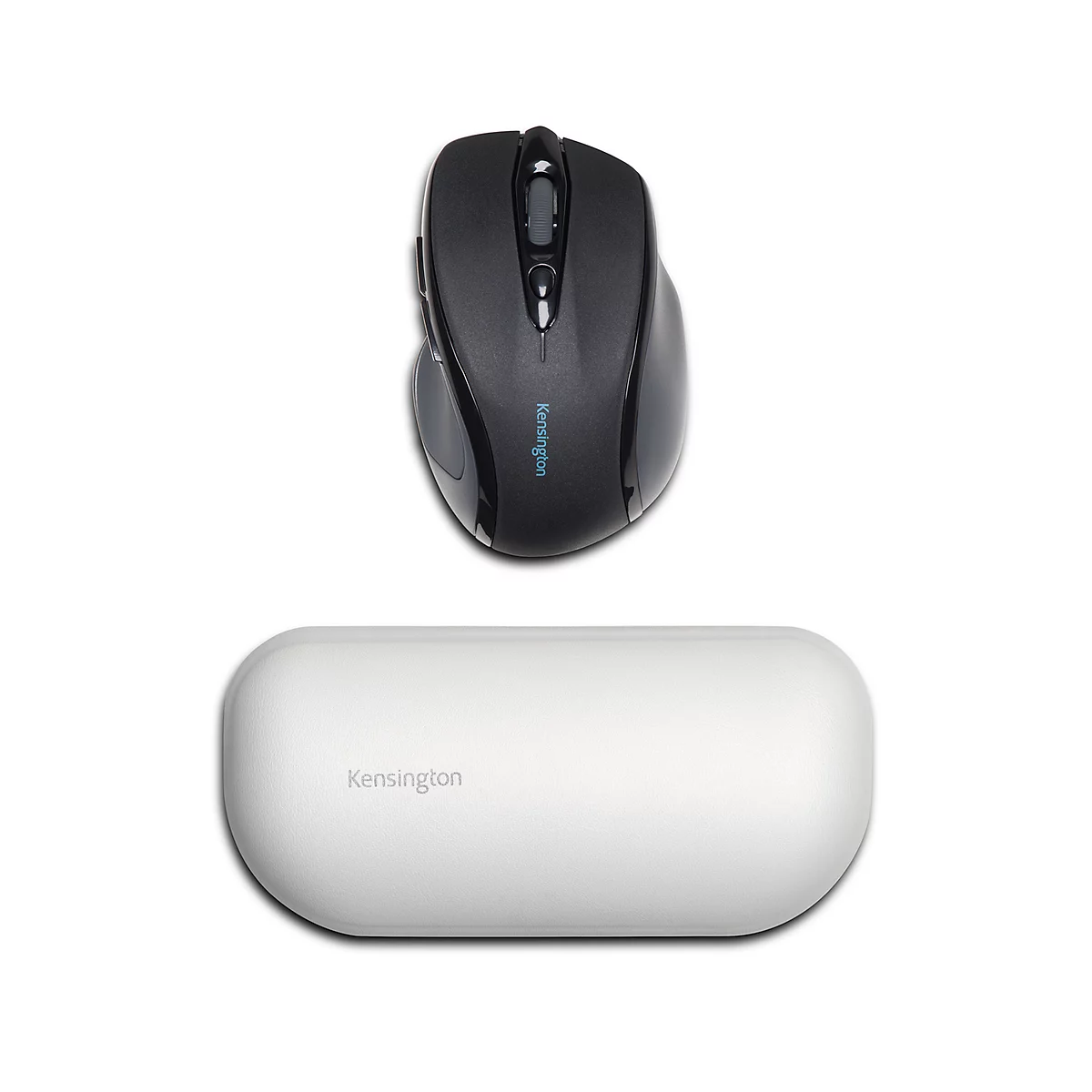 Black computer mouse and white wrist pad on a white background. Kensington is written on the mouse.