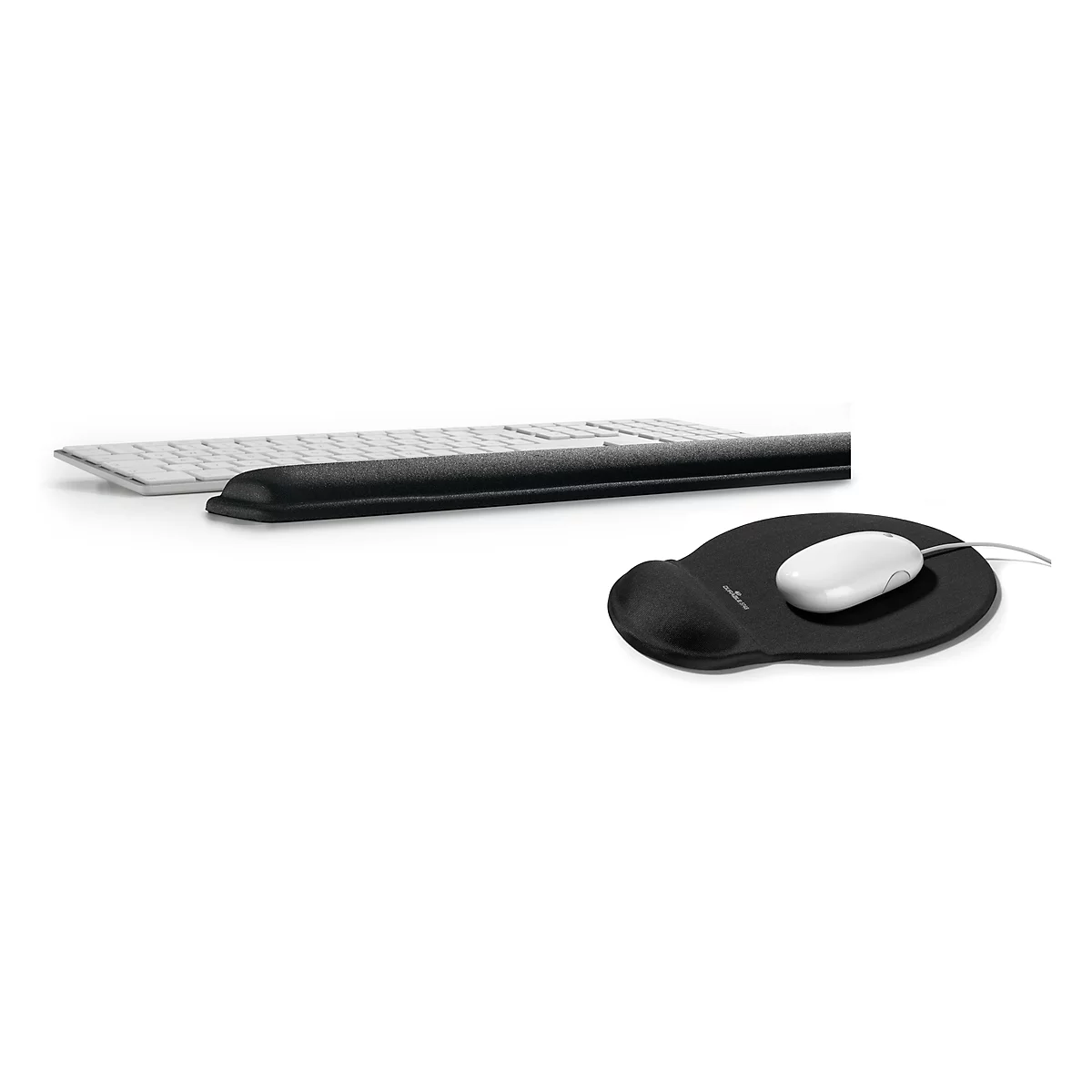 A keyboard, a wrist rest, and a mouse with a mousepad rest against a white background. Black, white, and gray dominate.