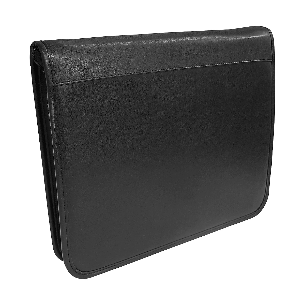 Black leather folder, photographed slightly diagonally from the front. The folder is closed, with subtle stitching.