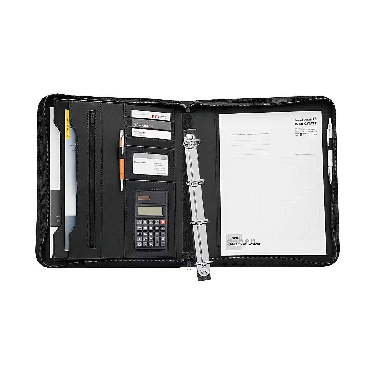 Black leather portfolio with zipper, filled with notepaper, pens, calculator, business cards and a binder.