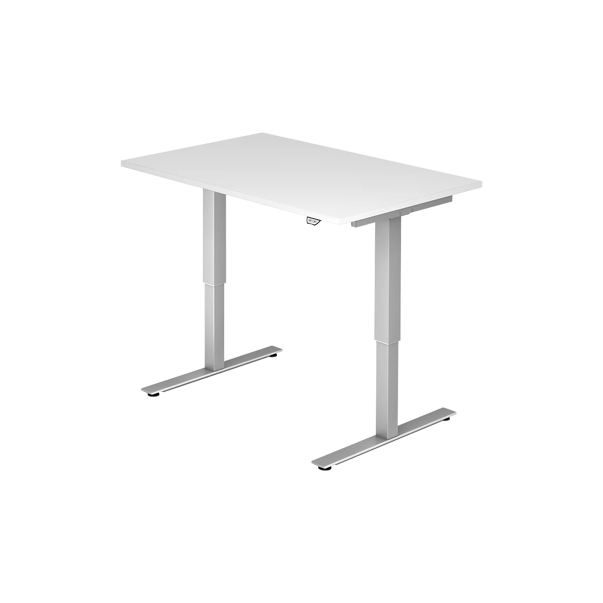White height-adjustable desk with silver legs.