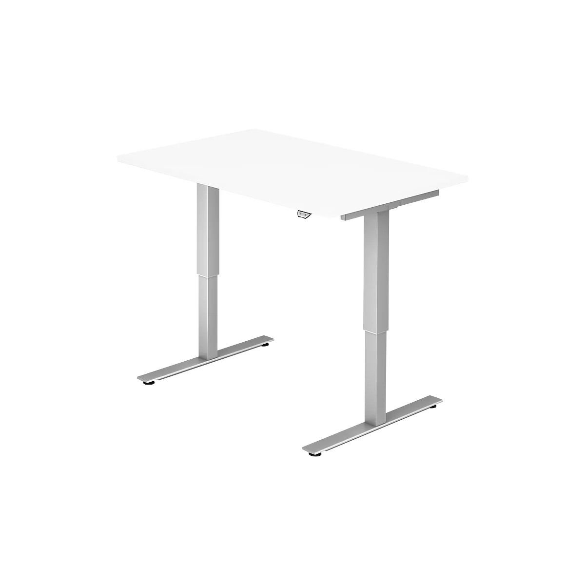 A white, height-adjustable desk with silver legs against a light background.