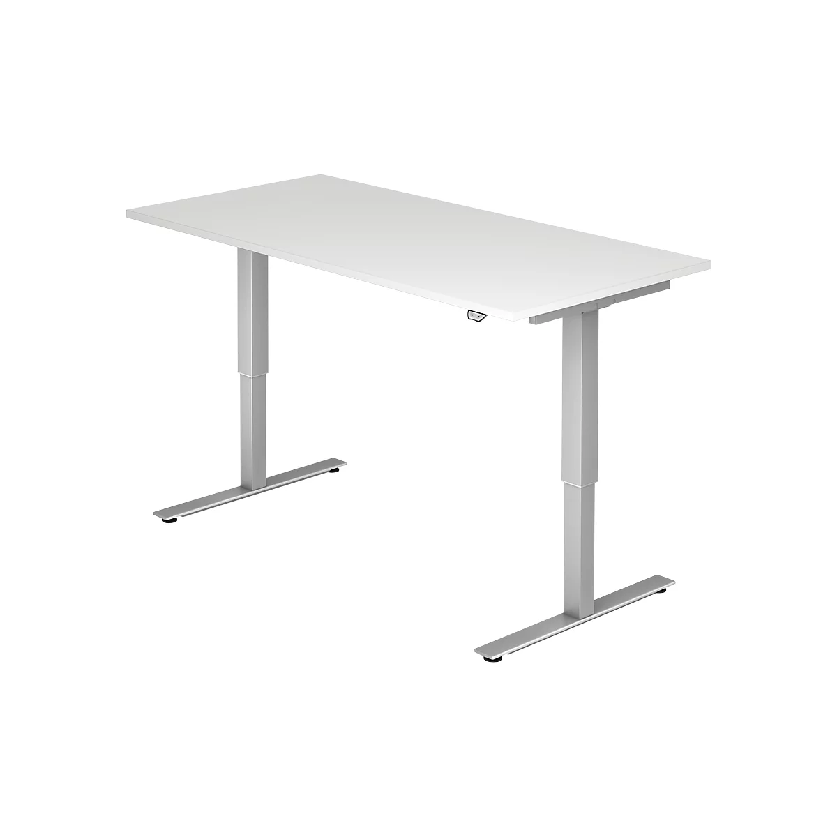 A white height-adjustable desk with silver legs, which are T-shaped at the ends.