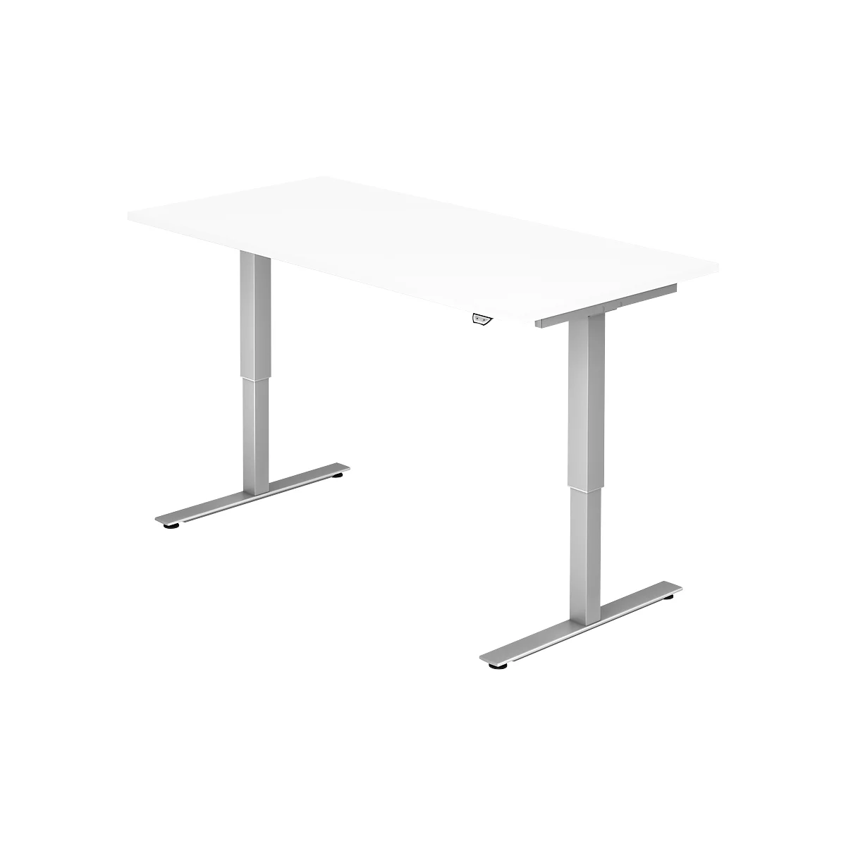 A white, height-adjustable desk with silver legs. The tabletop is rectangular.