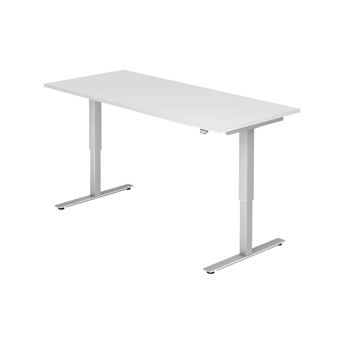A white, height-adjustable desk with silver legs stands against a white background.
