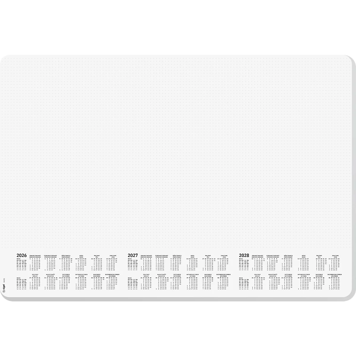 White mousepad with annual calendars from 2026 to 2028 at the bottom.