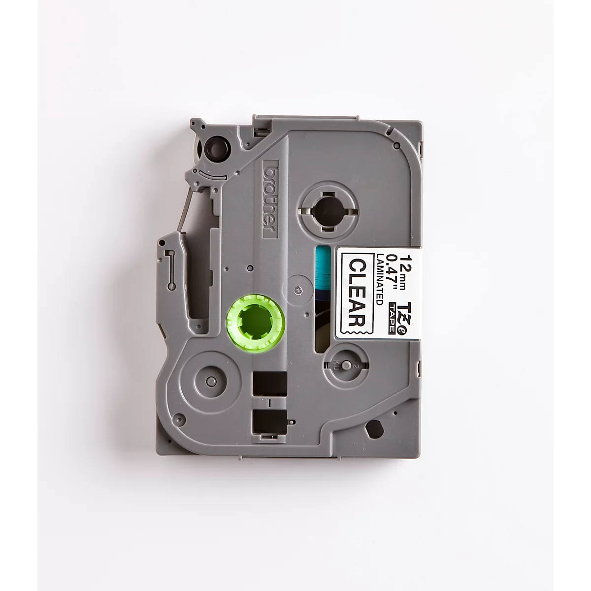 Brother label cartridge, gray with white label that says "CLEAR".