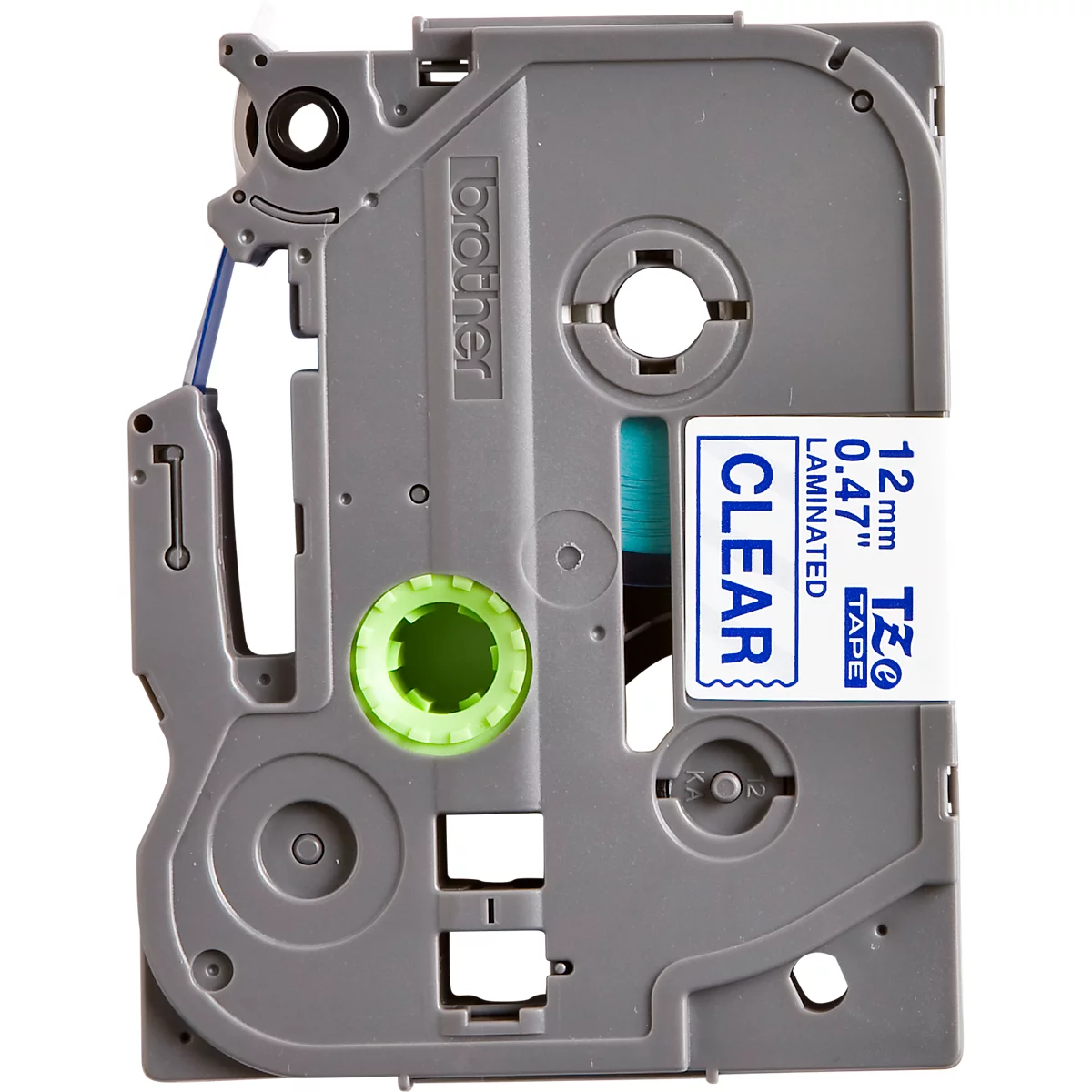 A gray Brother label cartridge with green and blue accents, and the text "CLEAR".