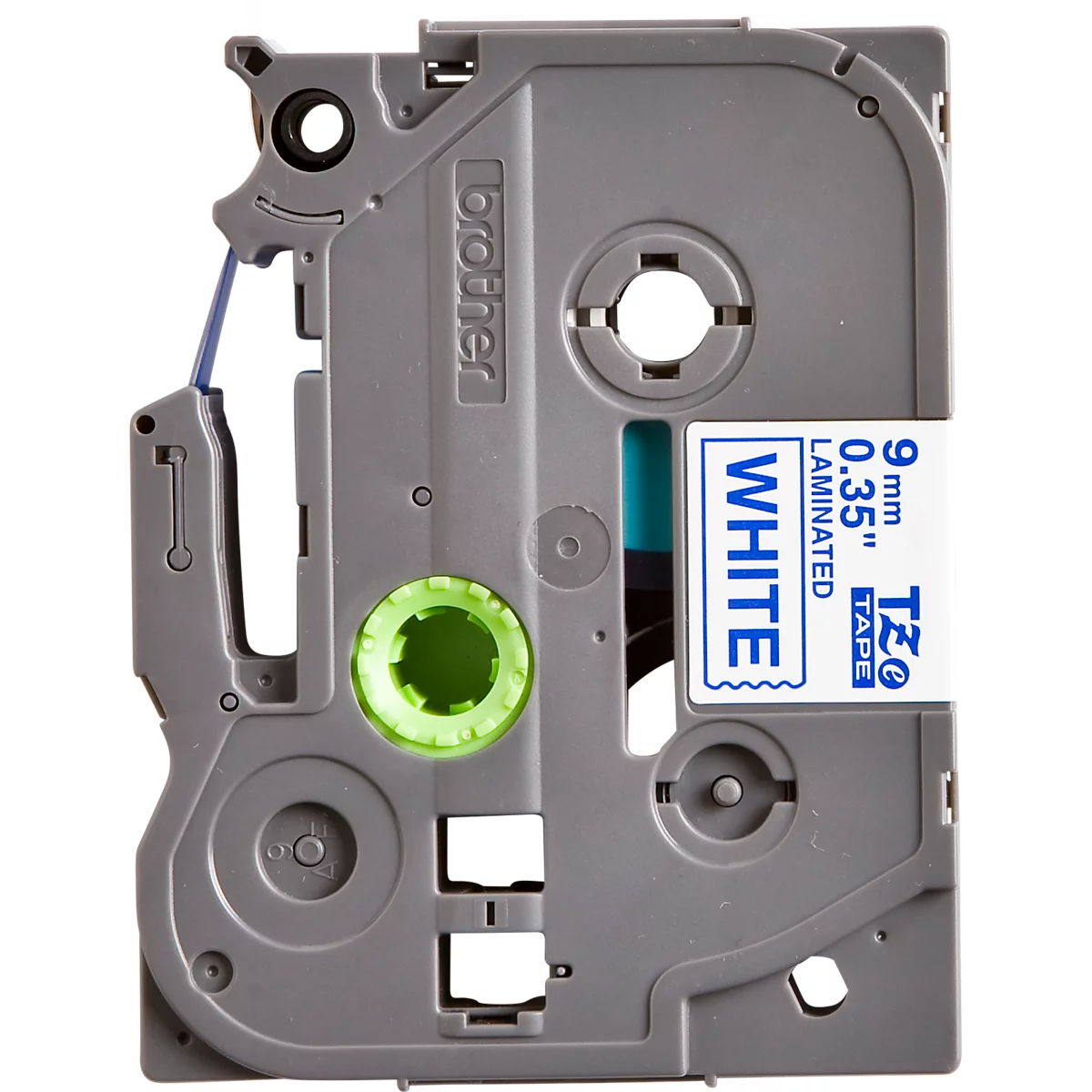 A gray label cassette showing "Brother" and "White". Label. 9 mm x 0.35 in.