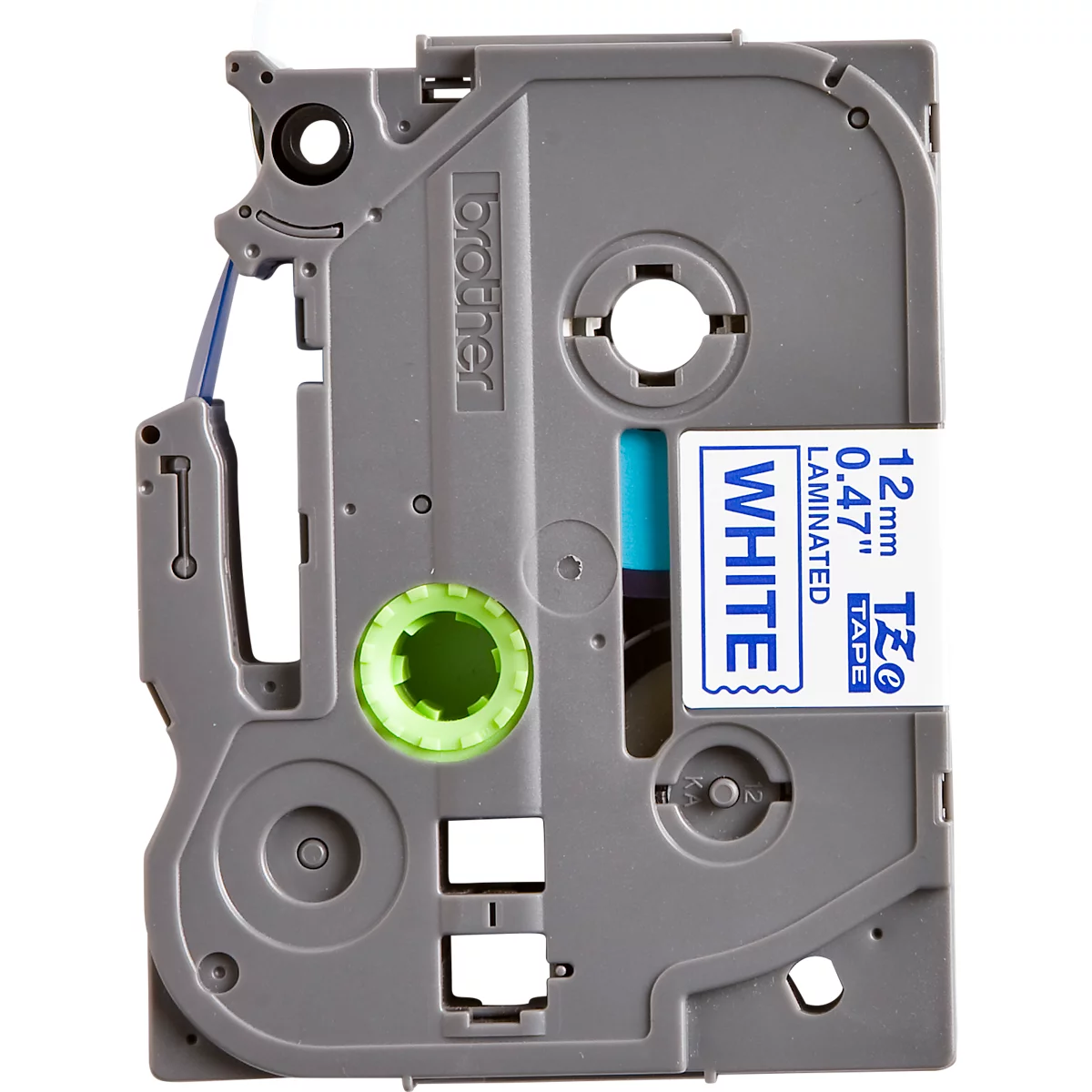 A white Brother label tape cartridge. The label reads "WHITE, 12mm, 0.47" TZe Tape".