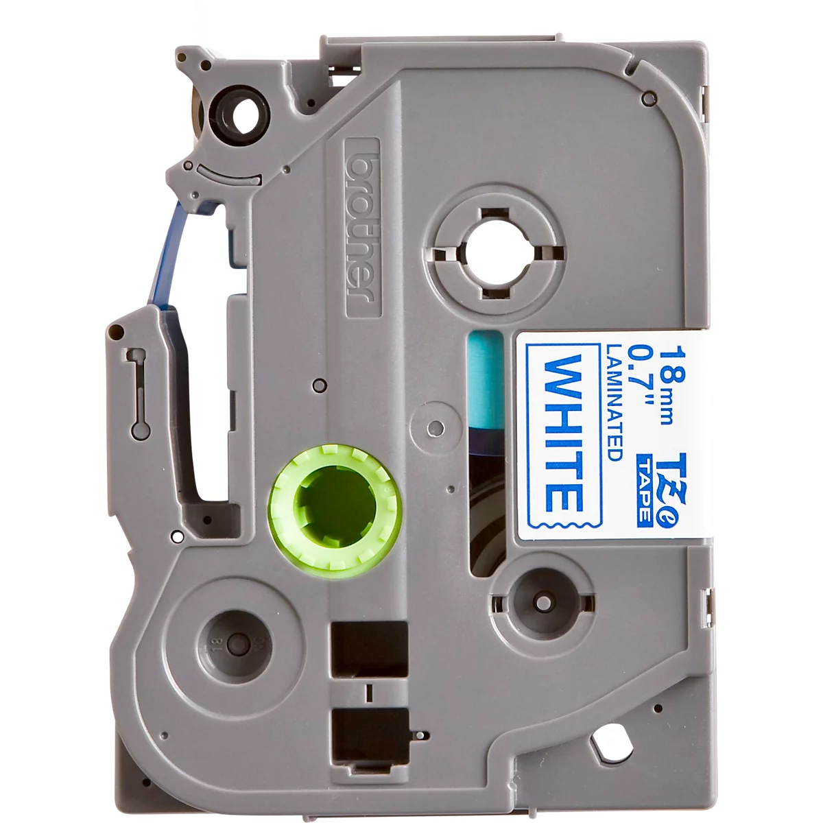 White labeling cassette with blue and green element, Brother logo.