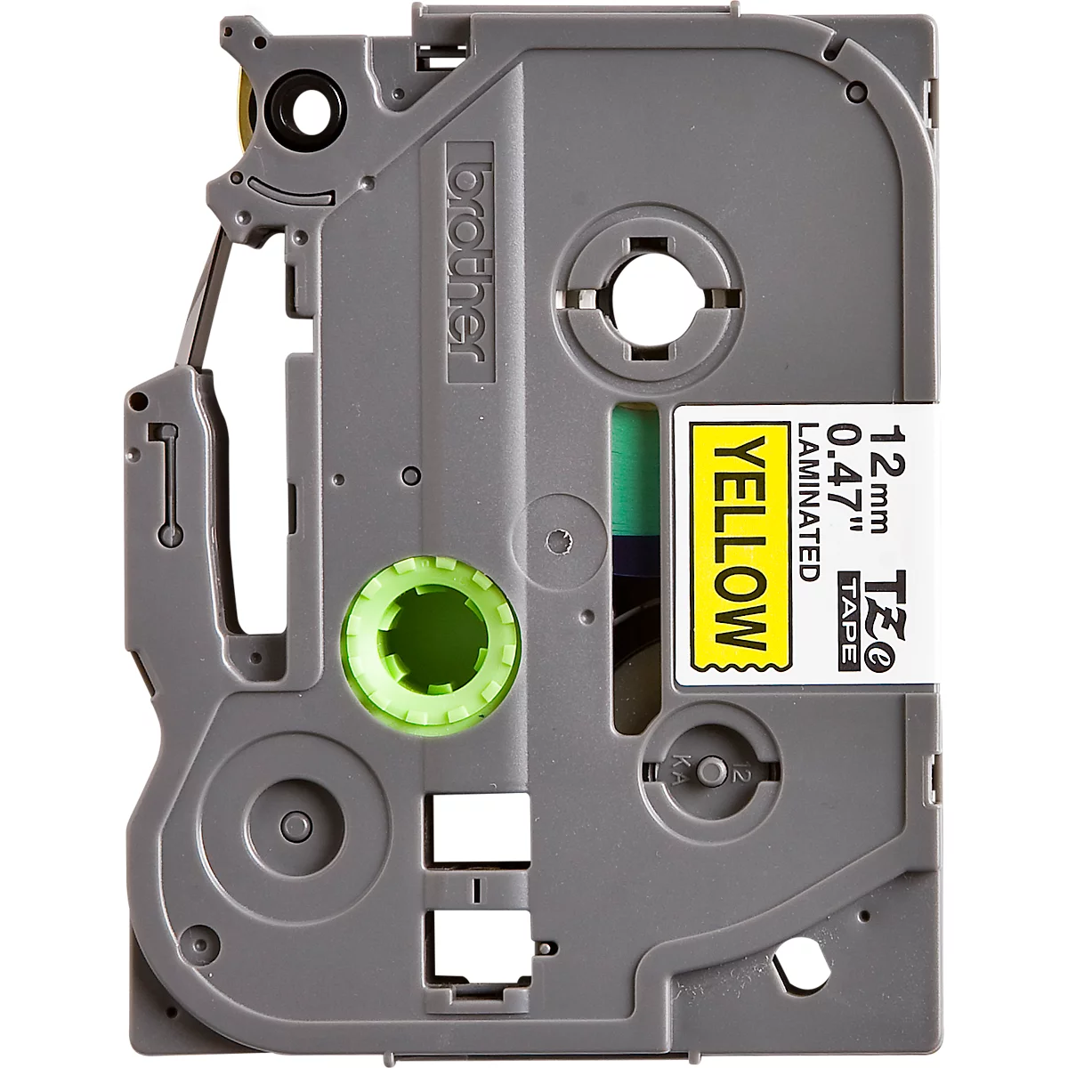Gray Brother label tape refill with yellow text. Text: YELLOW, 12mm, 0.47" Laminated TZe Tape.