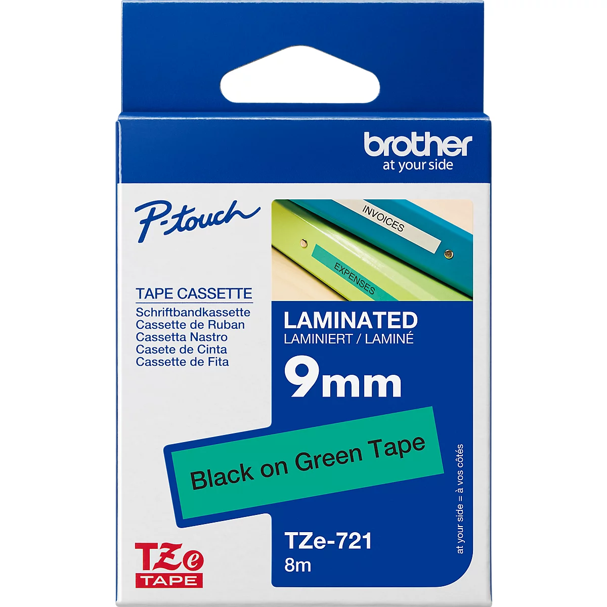 Packaging of a Brother P-touch tape cassette. Blue and white, with text and an illustration of labeled folders.