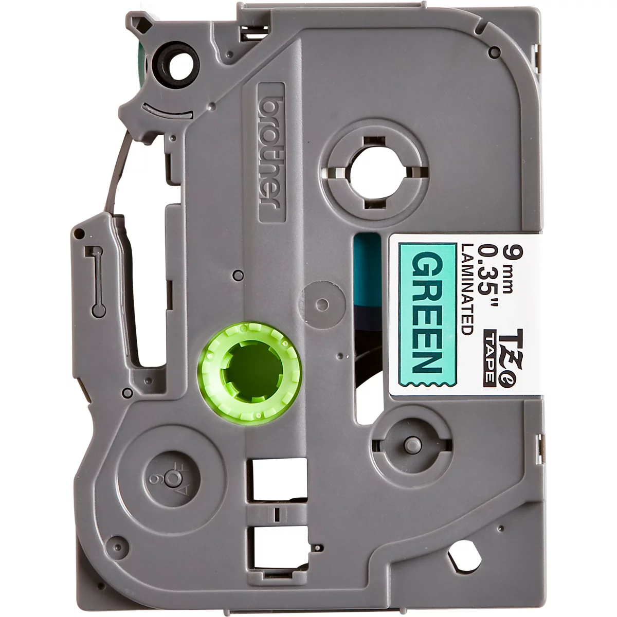 Gray labeling cartridge with green label tape. The writing says: "GREEN".