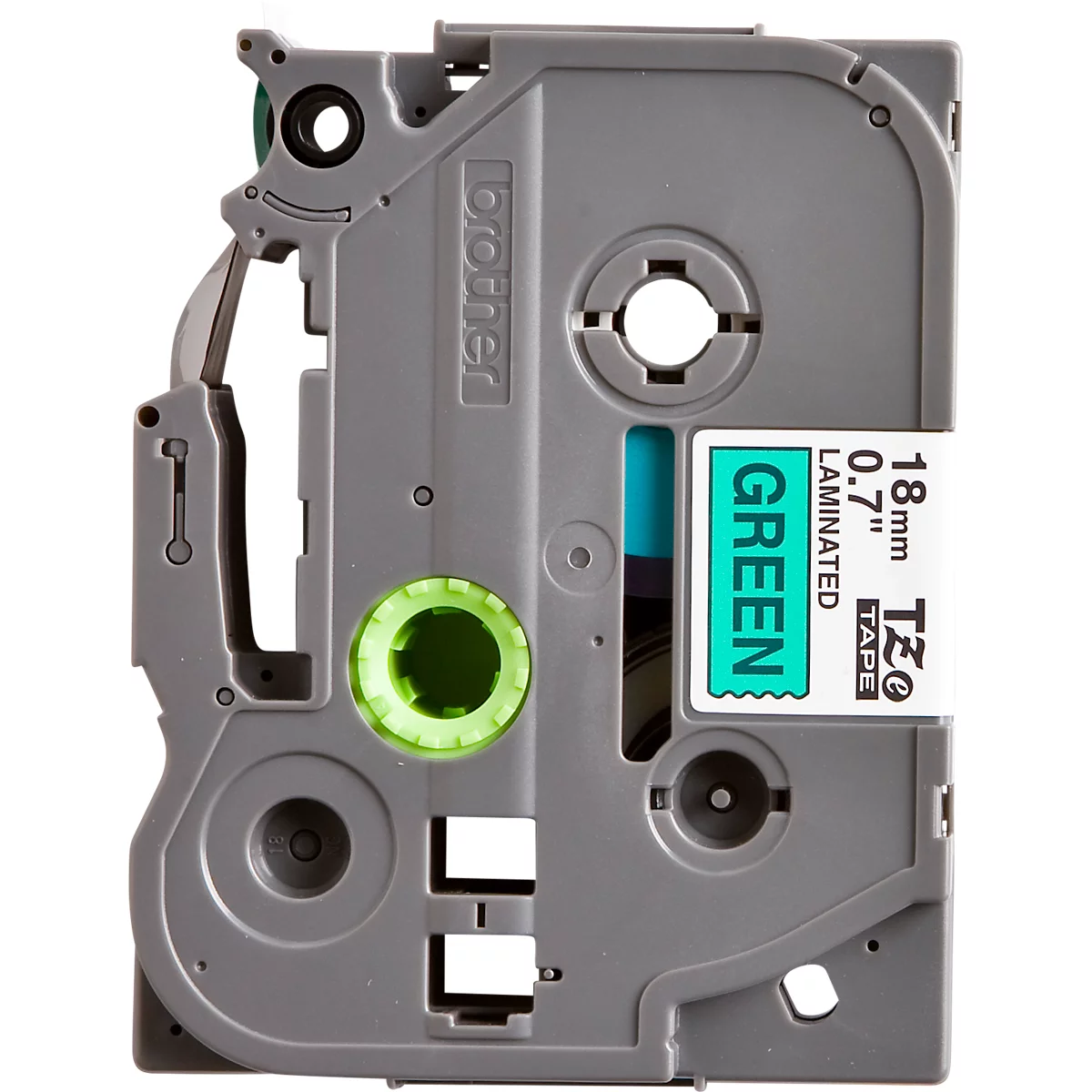 Gray label cassette with green label, 'GREEN', '18mm 0.7' Laminated' and 'TZe TAPE' logo.