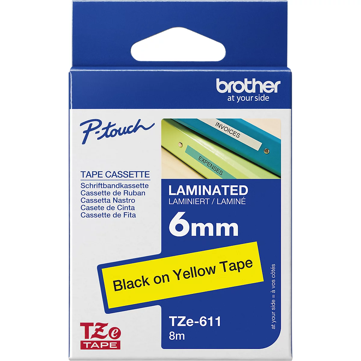 White and blue Brother label cassette. Text: 6mm, black on yellow tape.