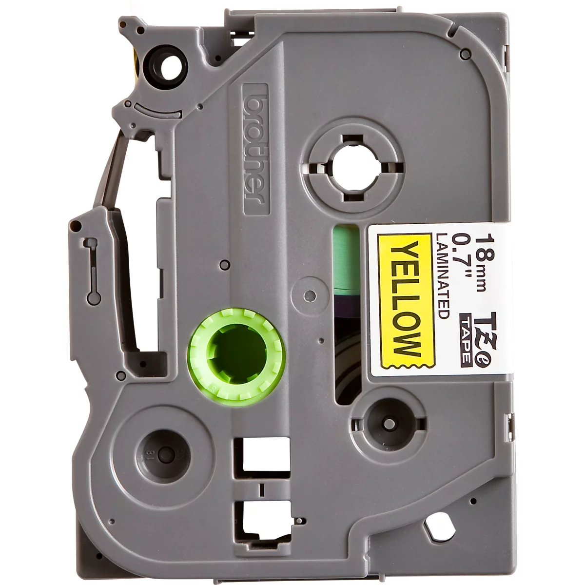 Gray Brother label cartridge with yellow tape. Reads "YELLOW", "18mm 0.7" and "TZe TAPE".