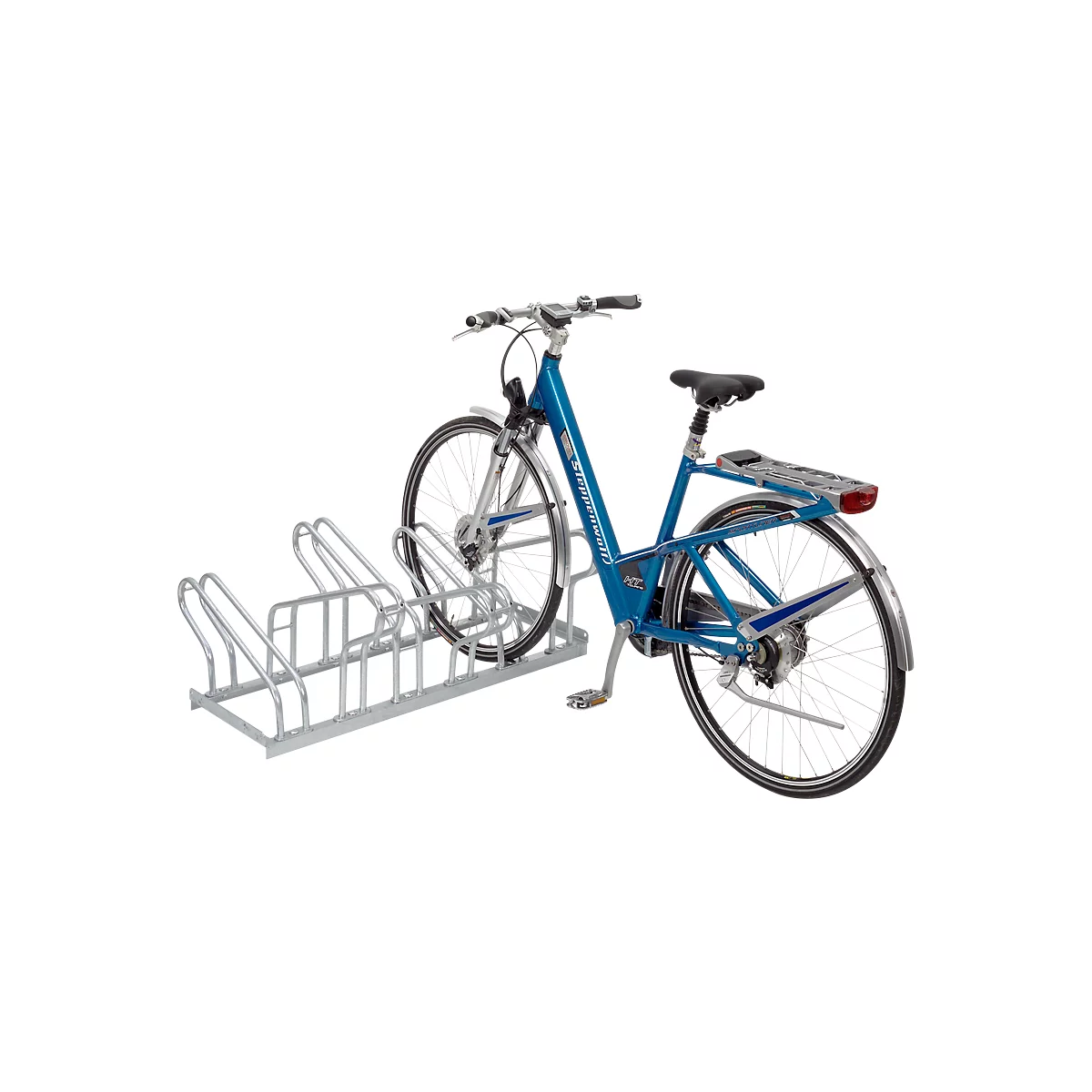 Blue bicycle in a bike rack. Rear wheel with luggage carrier. Silver stand, wheels, spokes.