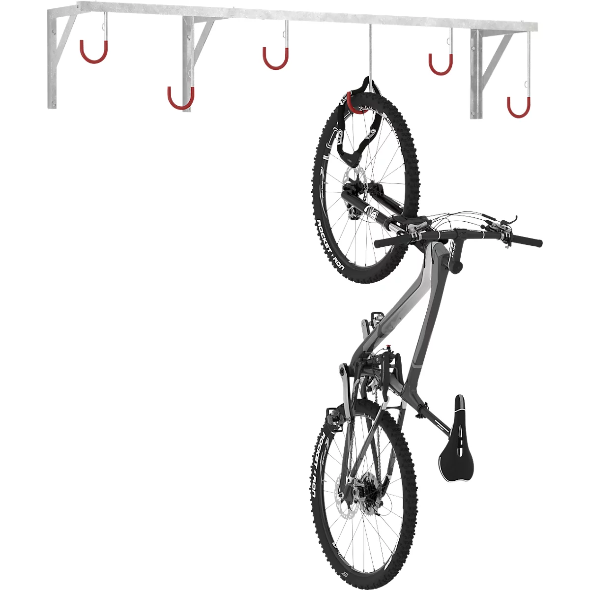 Bike on a wall mount. Gray mount with red hooks. Bike is vertically suspended.
