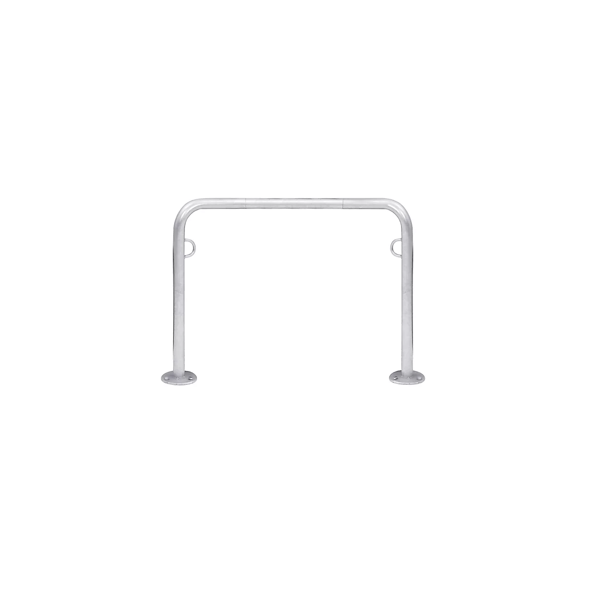 Metal bike rack, U-shaped, on a white background. Round hooks are attached to the upper ends.