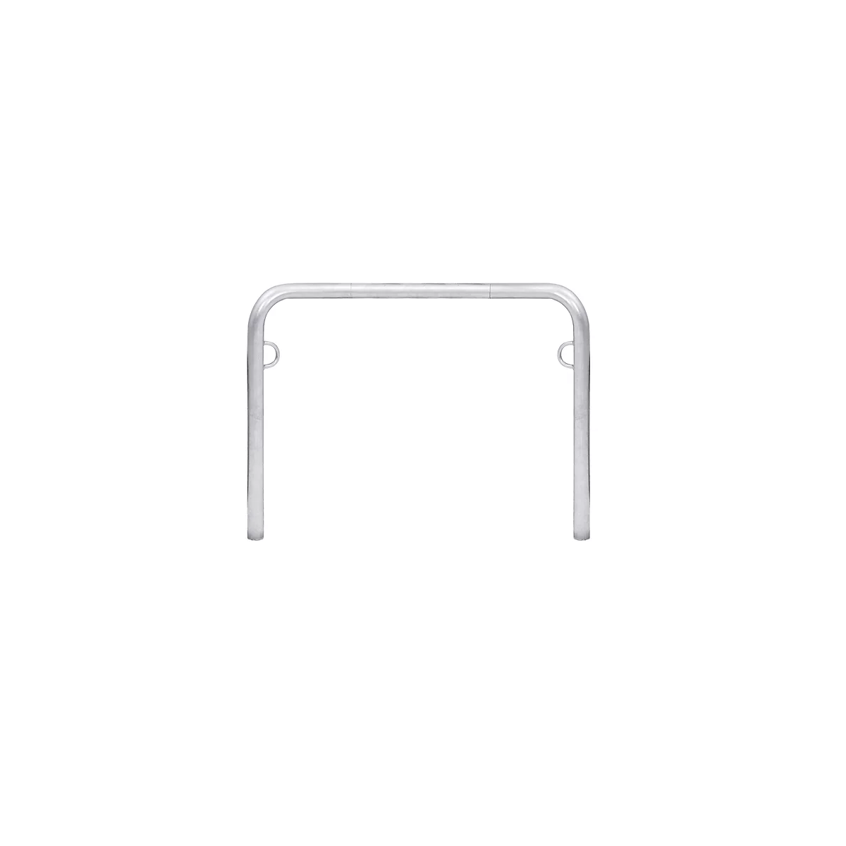 A silver U-shaped bicycle stand against a white background.