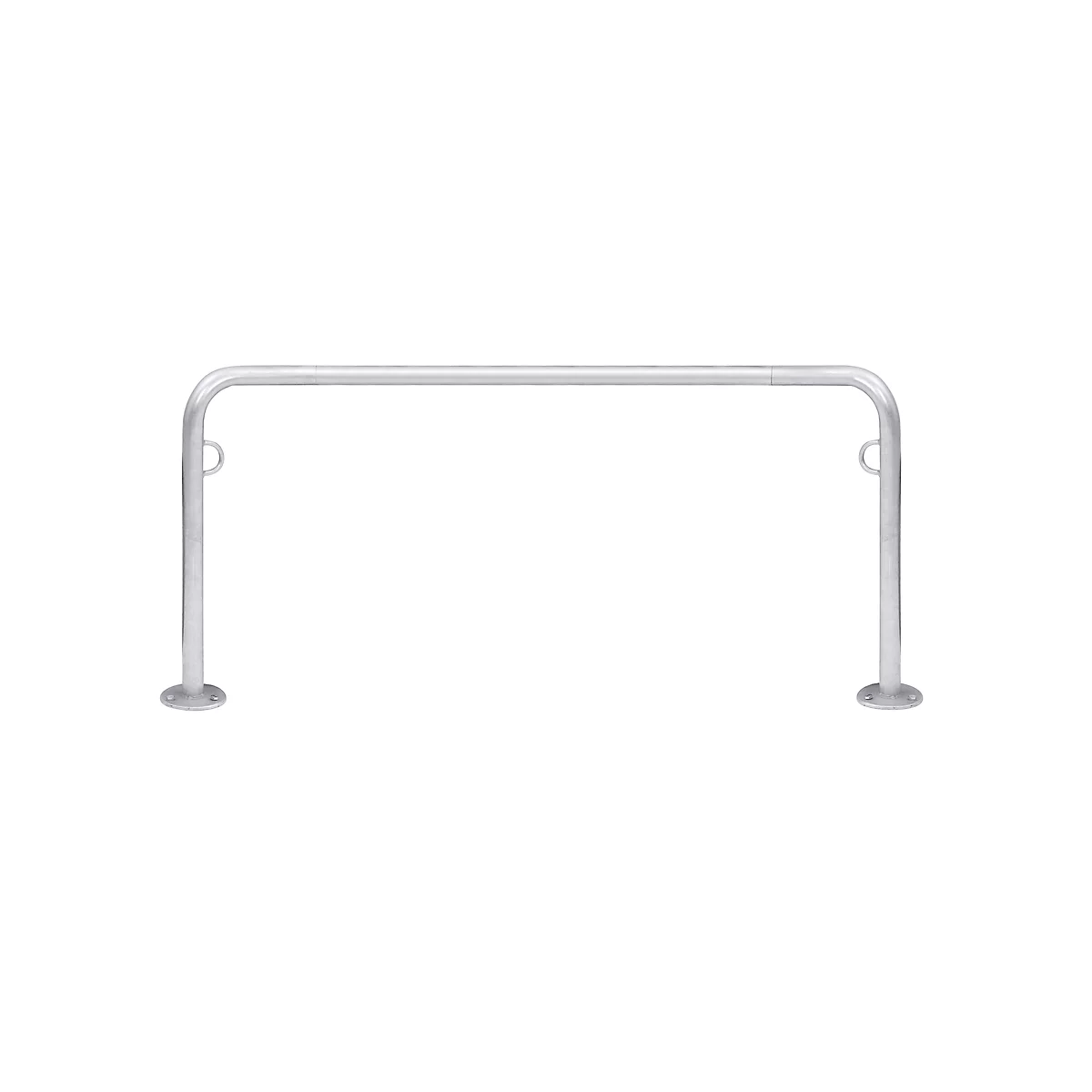 Metal bicycle rack. U-shaped, with round base plates. Smaller rings on the sides.