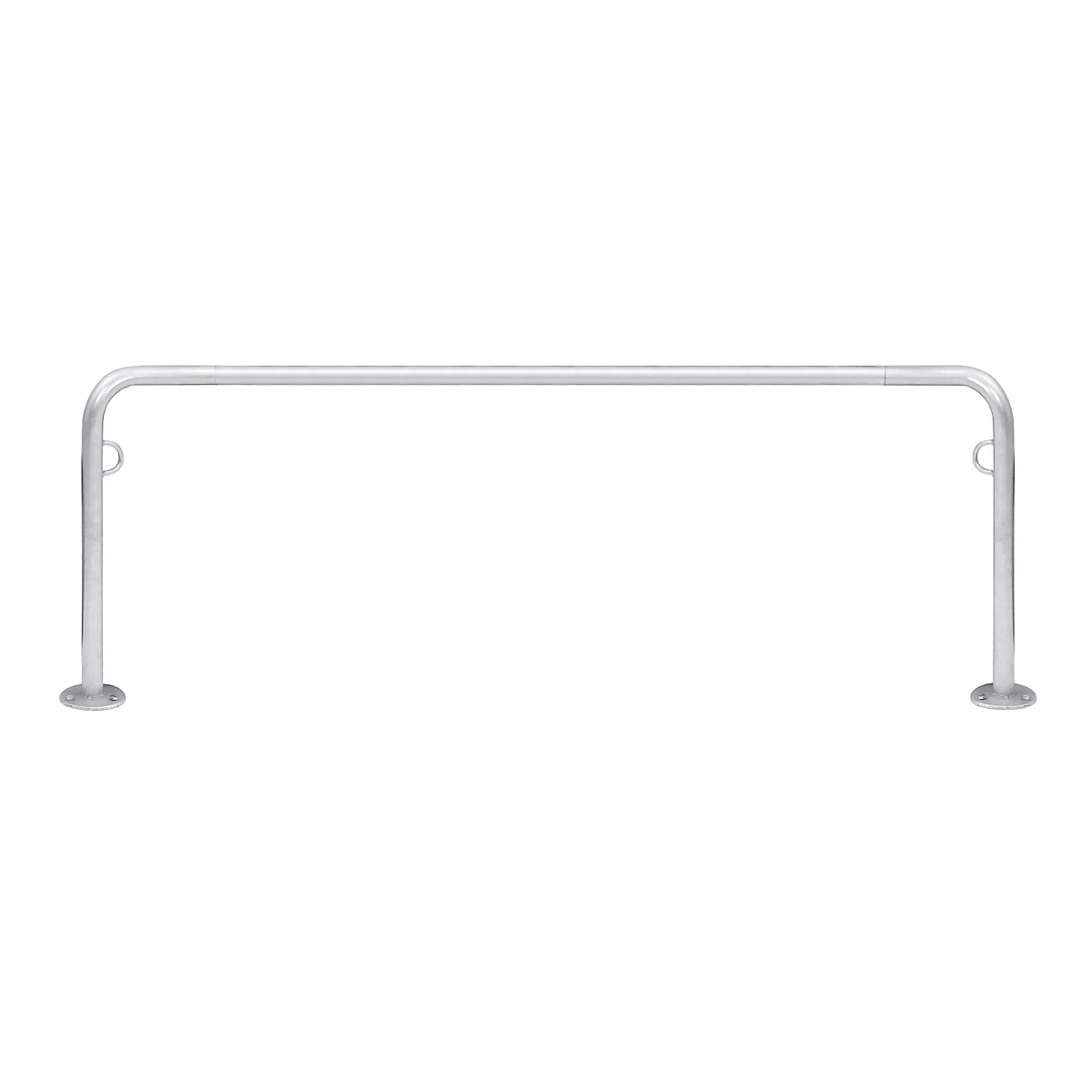Silver U-shaped bike rack against a white background.