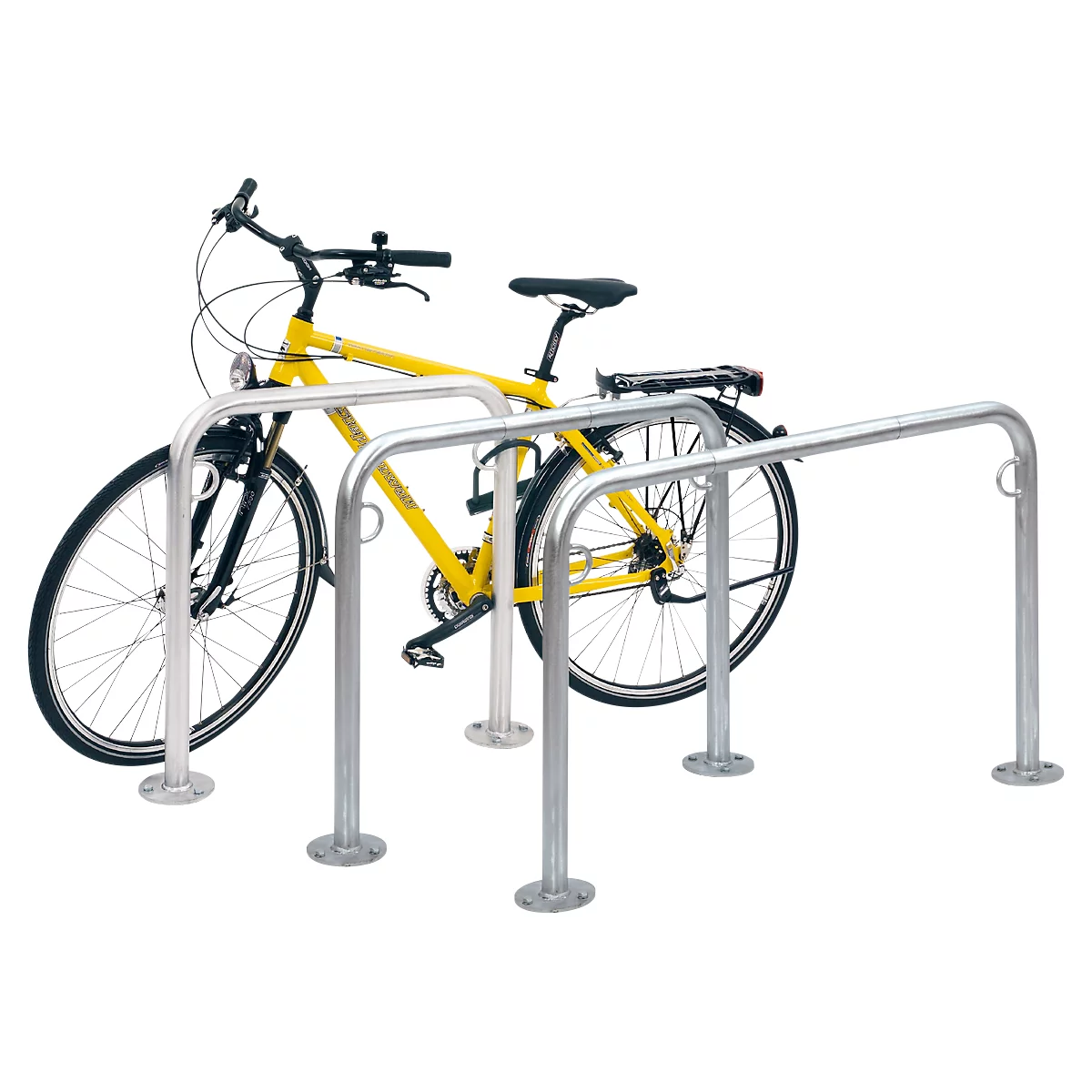 Yellow bicycle in a silver bike rack. The rack has a U-shape.