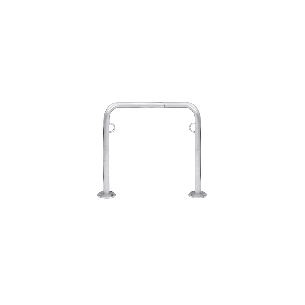Metal bike rack, U-shaped, with two attachment points and round base plates.