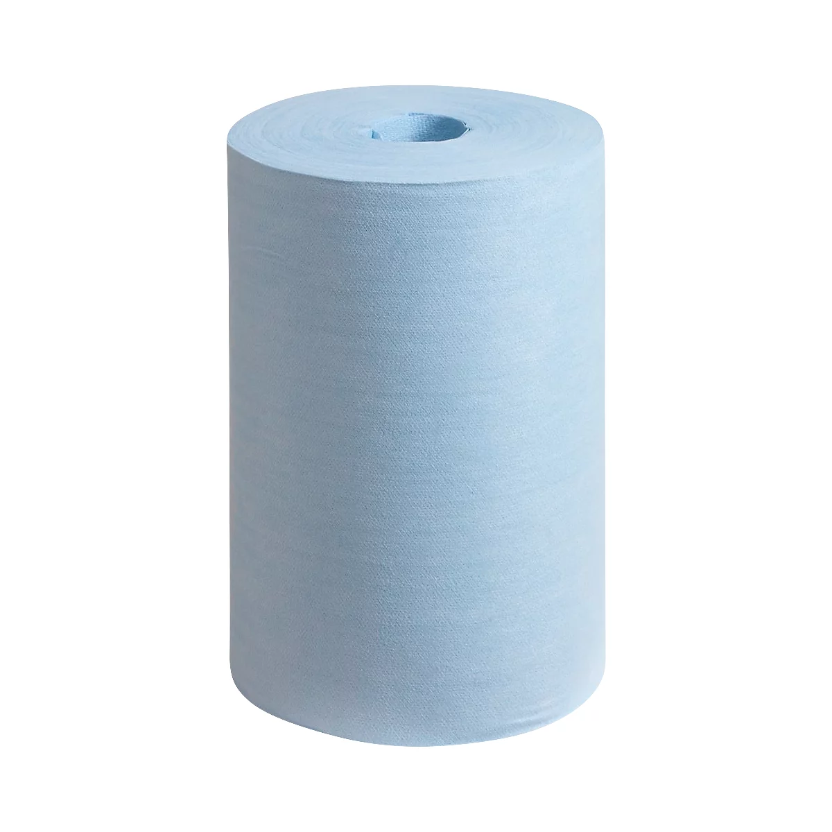 Rouleau de papier bleu clair sur fond blanc, vu de dessus avec un trou au milieu.