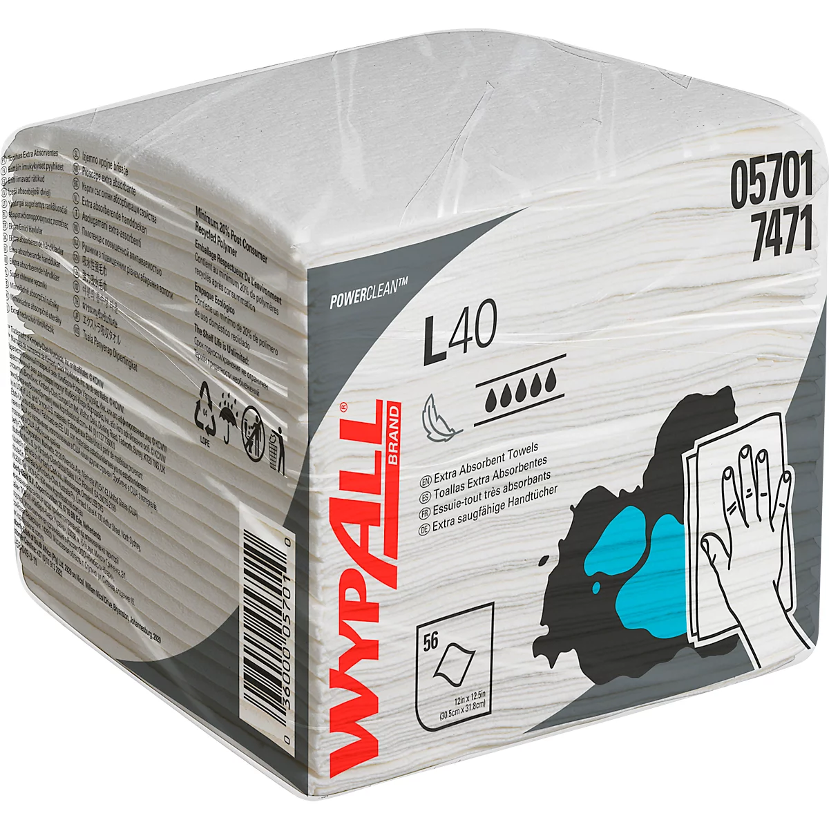 WypAll® L40 doekjes, 1-laags, ¼-vouw, L 304 x B 317 mm, papier, wit, 18 verpakkingen van 56 doekjes elk.