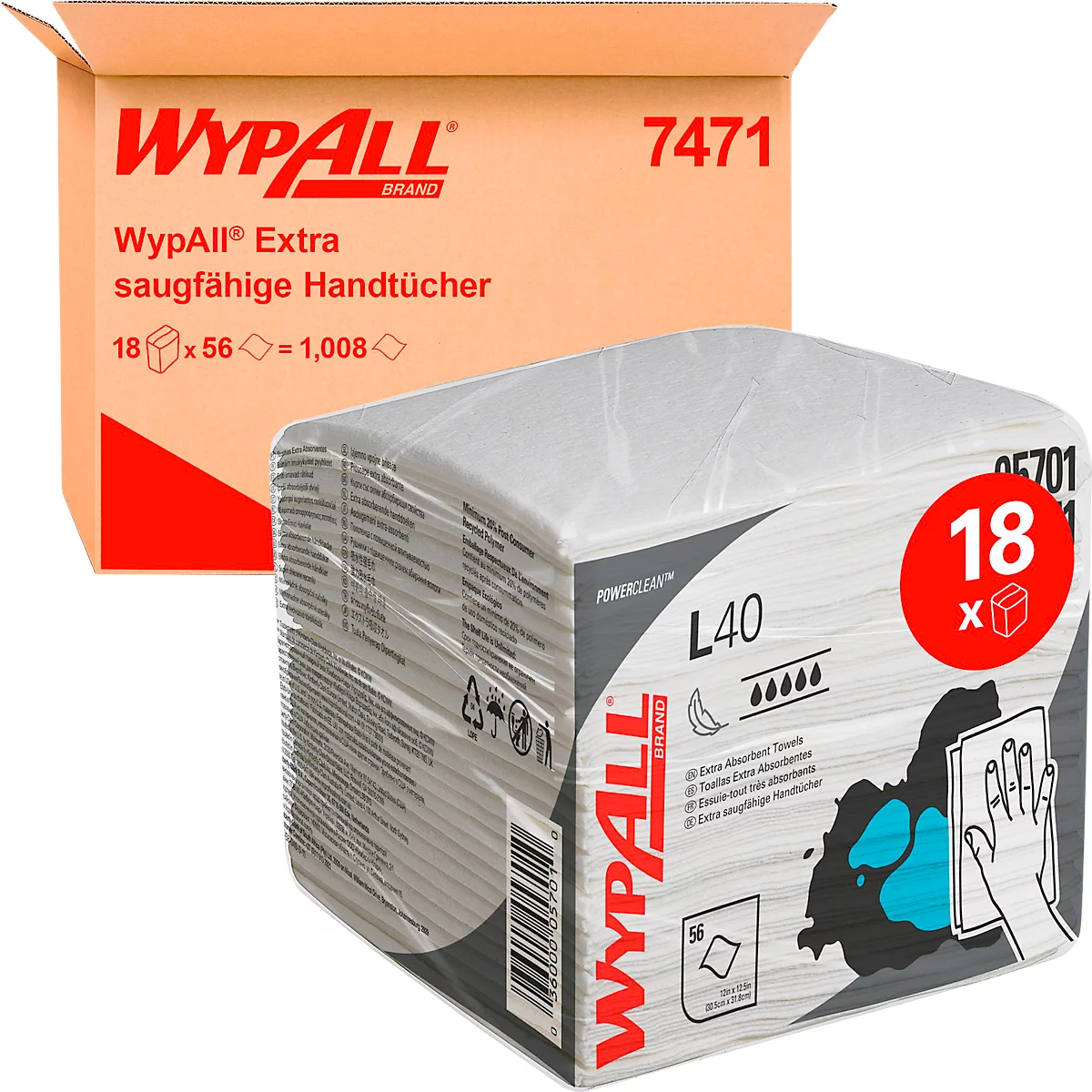 WypAll® L40 doekjes, 1-laags, ¼-vouw, L 304 x B 317 mm, papier, wit, 18 verpakkingen van 56 doekjes elk.