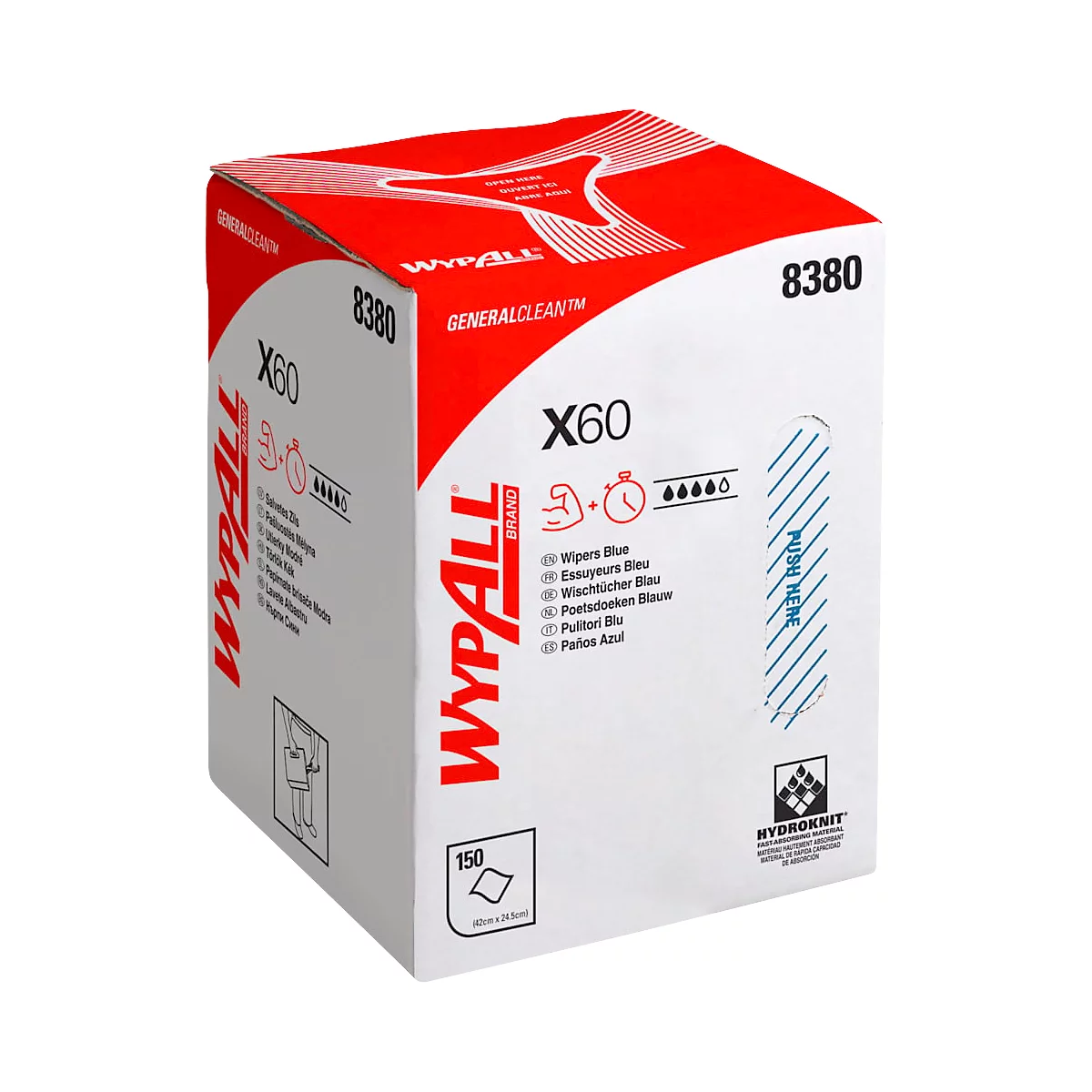 Een rechthoekige doos met het opschrift "Wypall X60". Rood-wit kleurenschema. Productinformatie en pictogrammen.