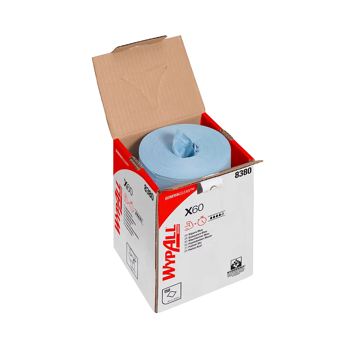 Blauw rolpapier in een witte doos met rode en zwarte letters.