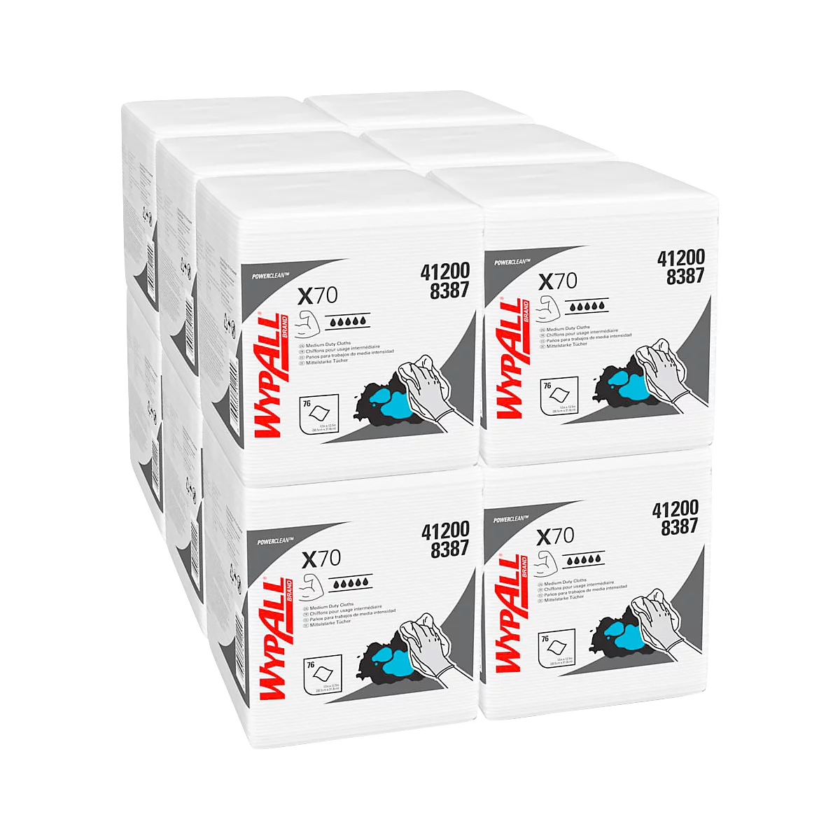 Meerdere witte schoonmaakdoekjes verpakkingen. Bedrukt met productinformatie en het 'WYPALL' logo.