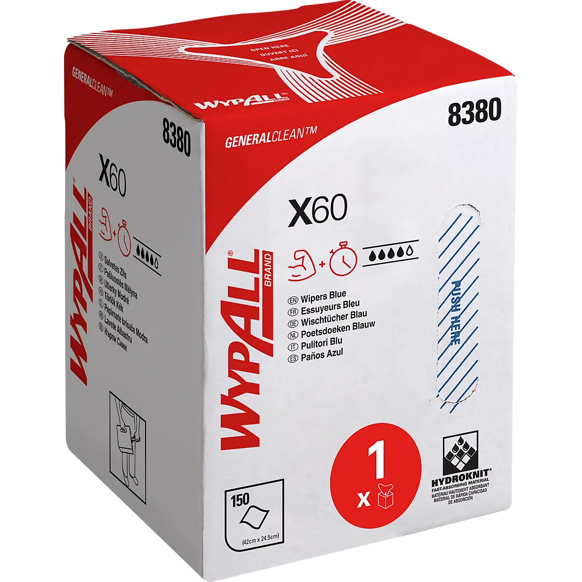 WYPALL* Toallitas X-60, material hydroknit, 150 hojas, 1 capa, azul