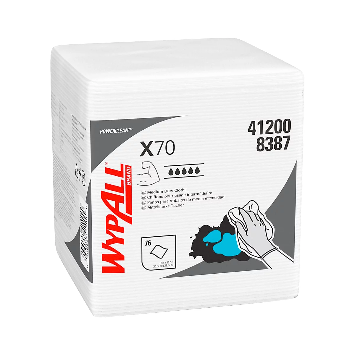 Una pila cuadrada de paños blancos. Impresiones con el nombre del producto, símbolos y una mancha azul que se limpia con un paño.