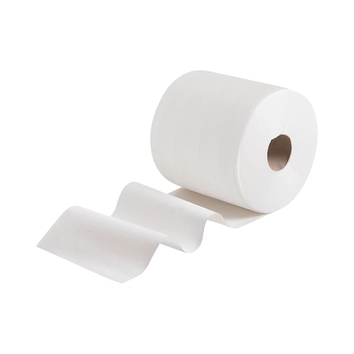 Rollo de papel de cocina con papel extendido. Fondo blanco.