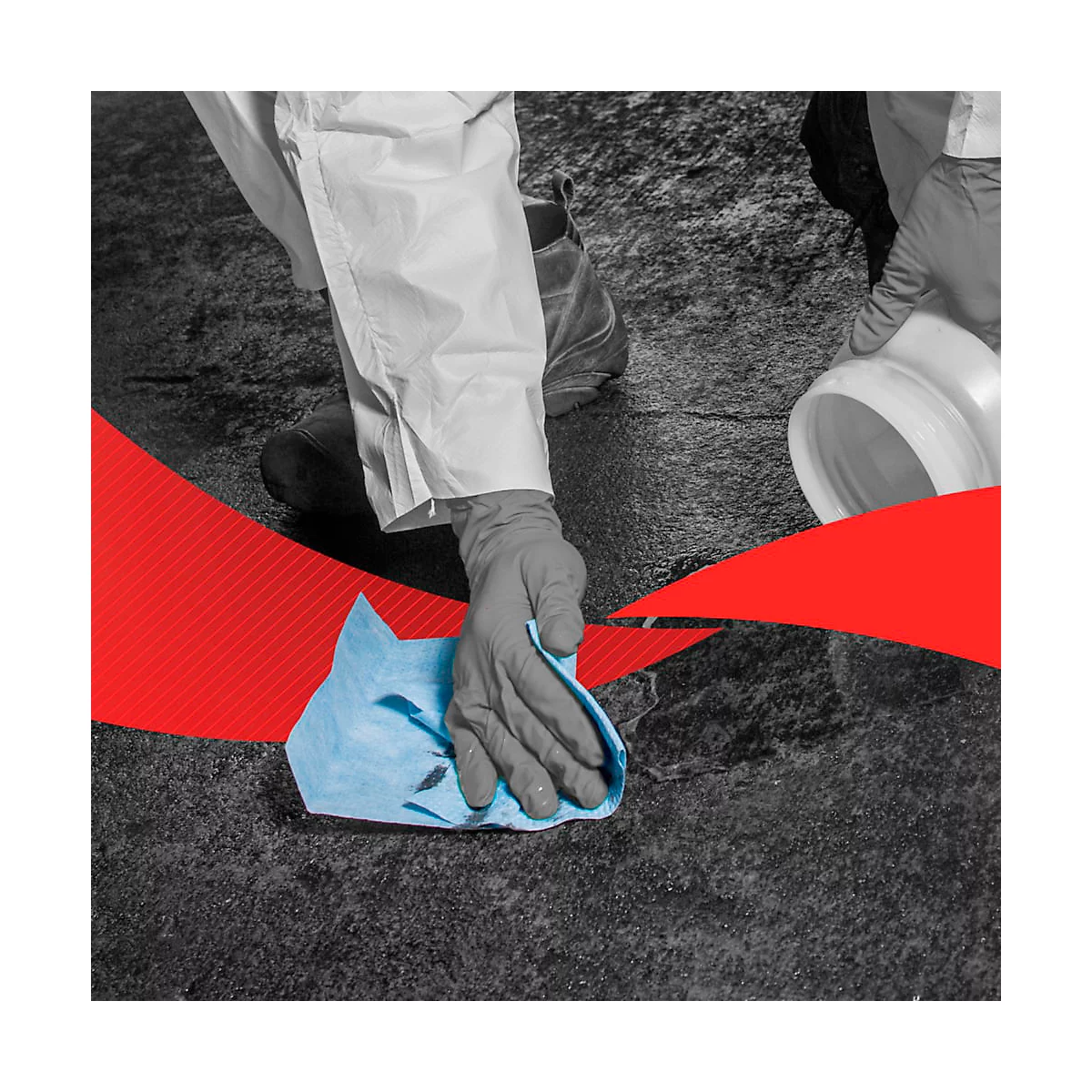 Person in protective suit wipes with blue cloth on gray ground. Red stripe frames the image.