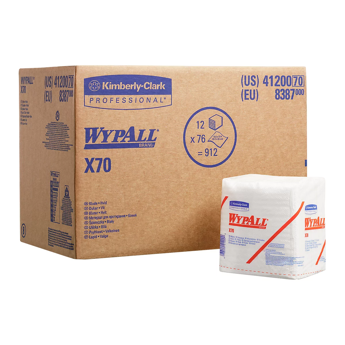 A box and a pack of Wypall wipes, X70, on a brown background.