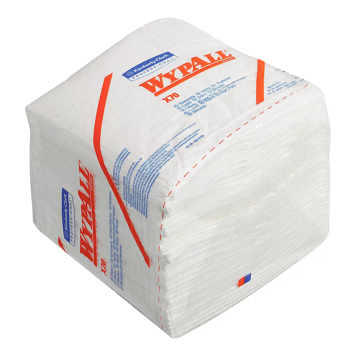 A package of WYPALL cleaning wipes. Inscription: Kimberly-Clark Professional. Red stripe and red print on a white background.