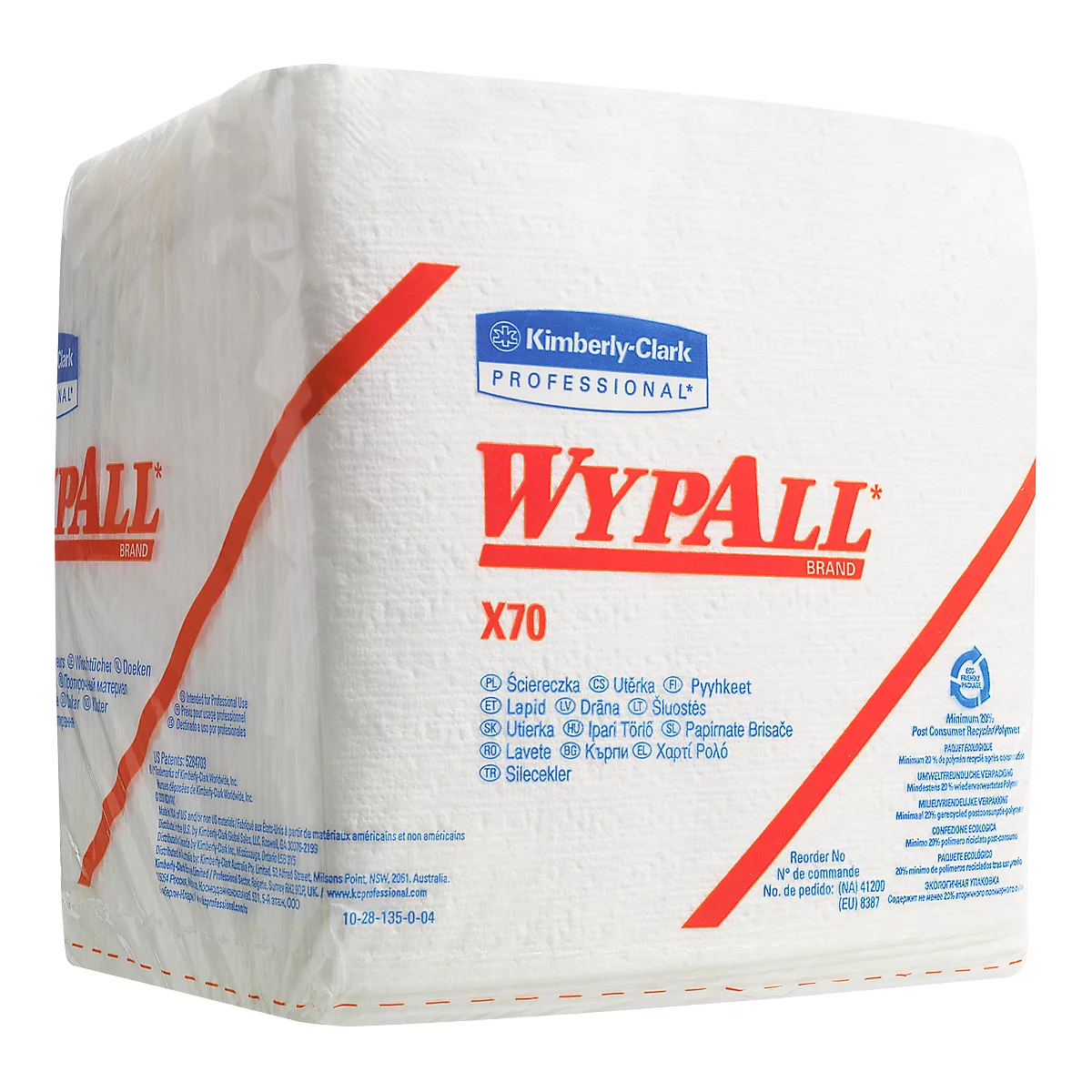 A white WYPALL paper towel pack with red diagonal line and product name.