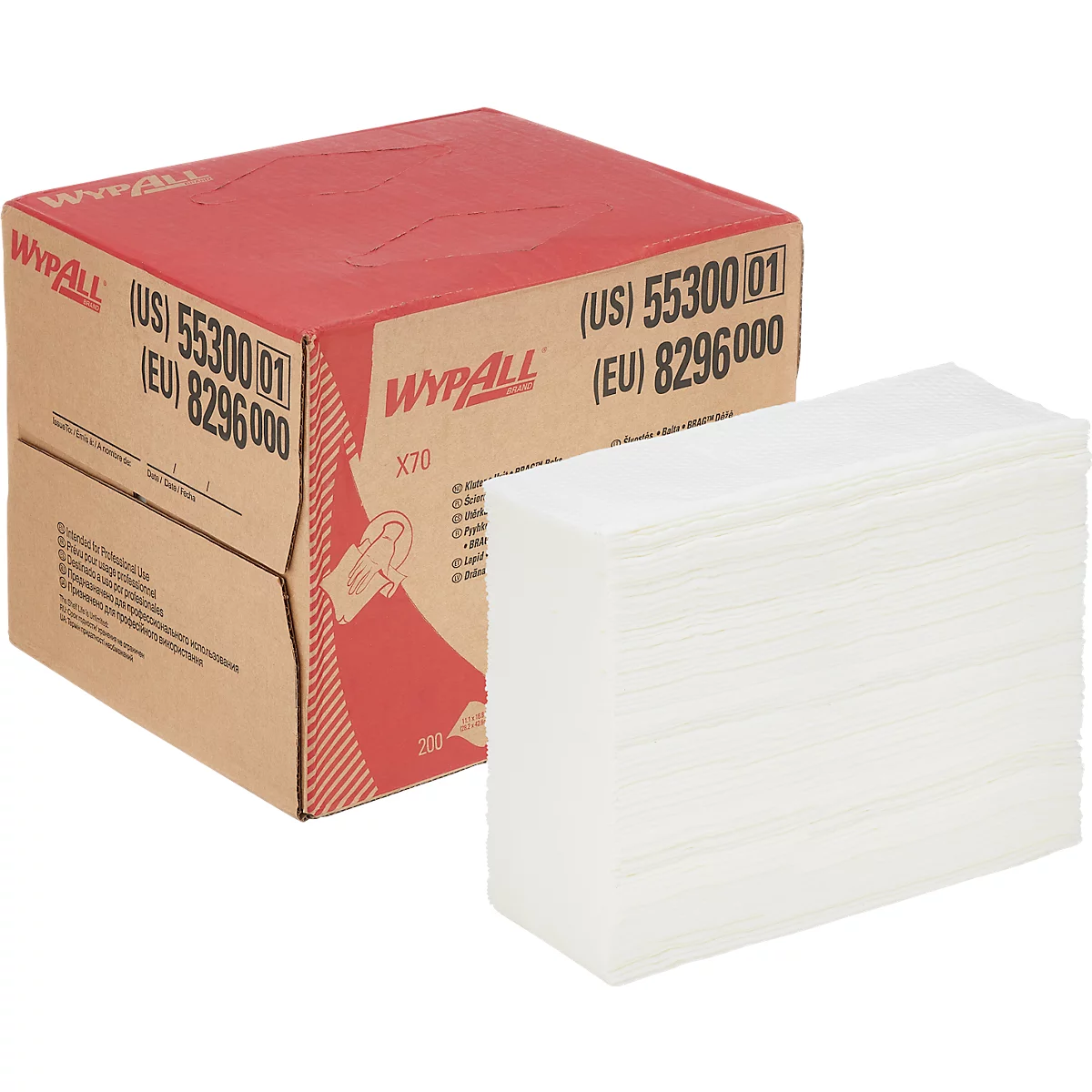 WypAll® X70 PowerClean Wischtücher, 1-lagig, L 426 x B x 282 mm, Papier, weiß, 1 BRAG™ Box mit 200 Tüchern