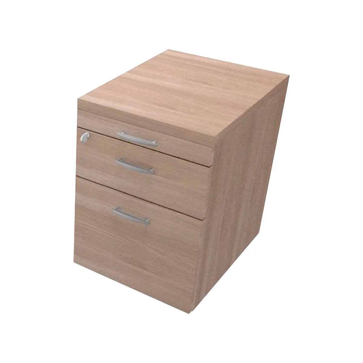 A wooden rolling cabinet with three drawers and a lock.