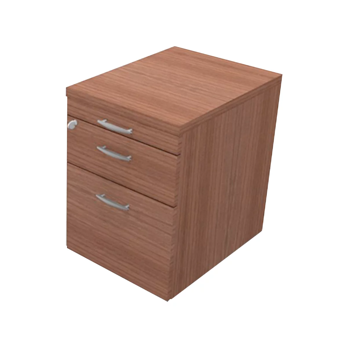 Light brown desk container with three drawers and silver handles.