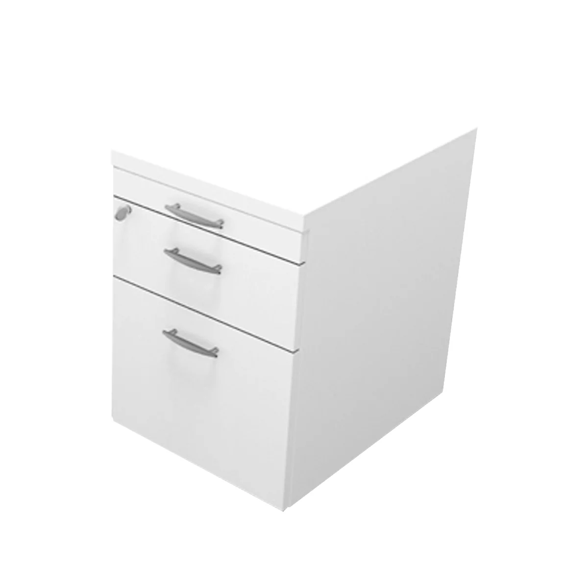 Close-up of a white desk container with three drawers and silver handles.