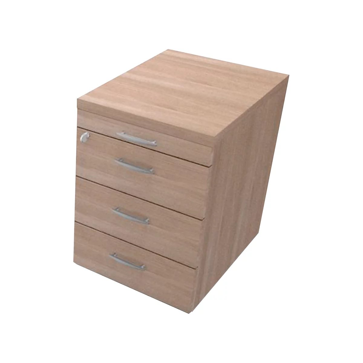 Light brown wooden desk with three drawers and silver handles. There is a table top on top.