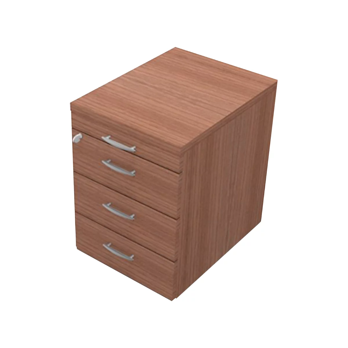 Wooden file cabinet with three drawers and silver handles.