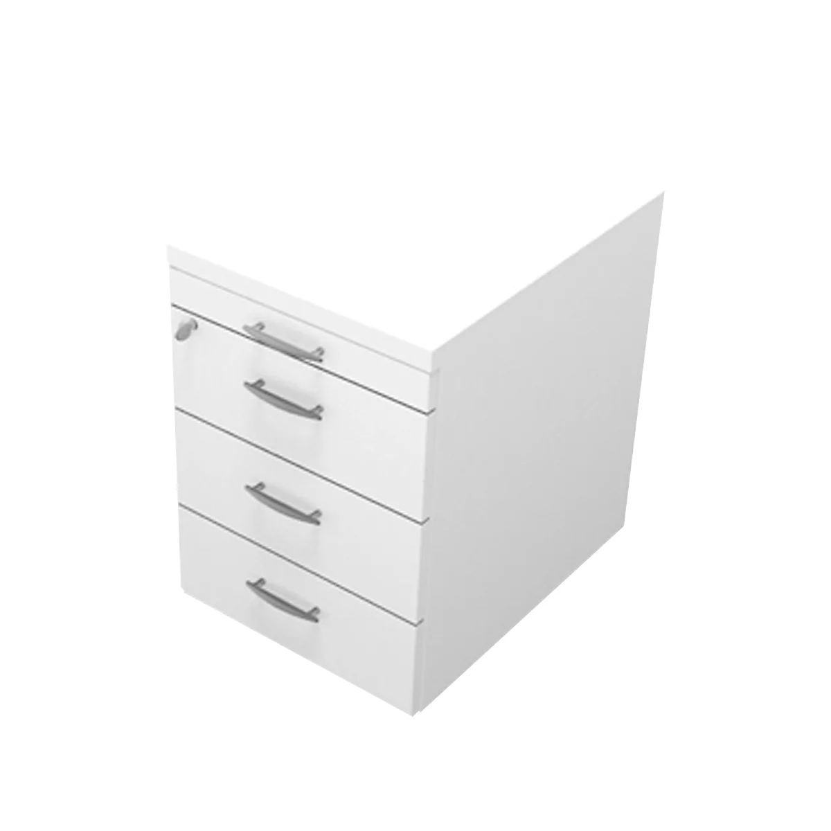A white office cabinet with three drawers and silver handles.