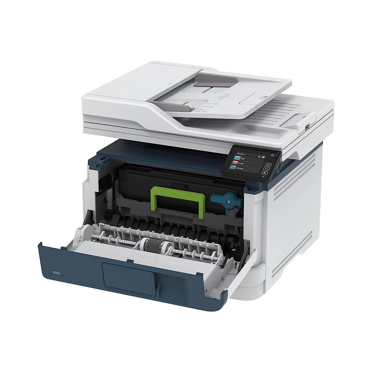 Ein Drucker von der Seite mit offenem Papierfach, geÃ¶ffneter Klappe und herausgenommenem Toner. WeiÃŸ und blau dominiert.